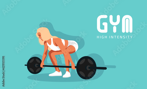 Fitness girl in gym, barbells dumbbells fitness, crossfit logo