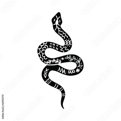 Celestial Snake Linocut Vector Icon. Mystic Floral Snake Silhouette Isolated on White Background. Boho and Magic Witchy Python Clipart, Occult Symbol Illustration. Black Gothic Art Print for T Shirt