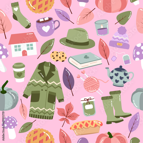 Fall cartoon seamless pattern with autumn cute things on pink background. Coat, cup, coffee, yarn, socks, rubber boots, knitting, tea, cocoa, hot chocolate, hat, cookies, pumpkins, home, candles, leaf © Olga Voron