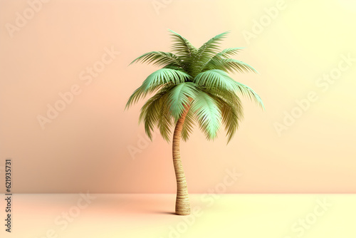 Palm with curved tree trunk  green leaves  on light background. Image with copy space.