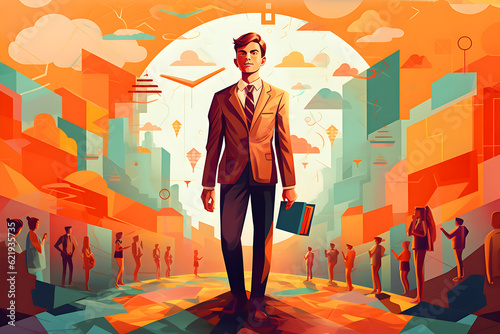 Confident man in a business suit and tie stands with a book. Abstract city and people in the background.