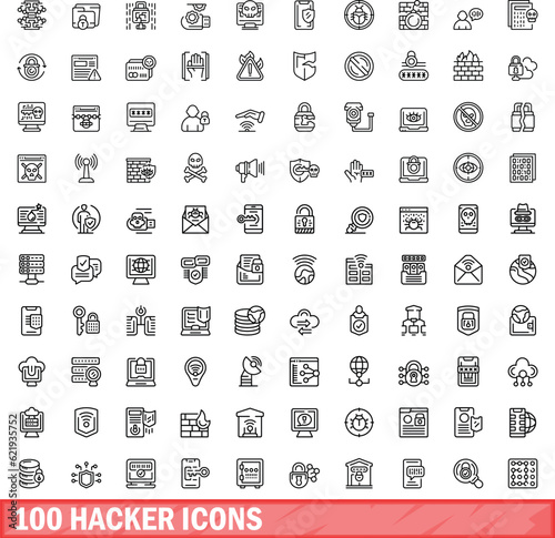 100 hacker icons set. Outline illustration of 100 hacker icons vector set isolated on white background