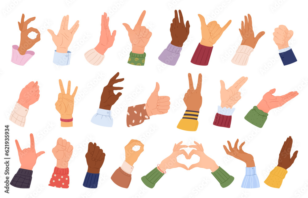 Hands gestures. Cartoon human palm with different skin colours, social equality flat vector illustration set. People hands collection Hands gestures. Cartoon human palm with different skin colours, social equality flat vector illustration set. People hands collection