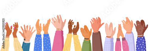 Applauding arms. Human clapping hands with different skin colours, man and woman arms cheering or greeting gesture, people diversity applause flat vector illustration set. Hands clapping