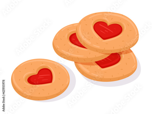 Cartoon cherry thumbprint cookies. Heart jam cookies with drop of jam. Heart linzer cookies for Valentine's day flat vector illustration