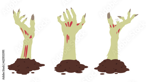 Cartoon zombie hands. Spooky monsters scrawny arms sticking out of ground. Halloween creepy bony hands flat vector illustration set