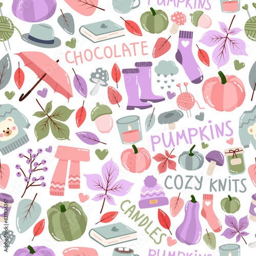 kawaii cartoon seamless pattern with autumn cute things on white background for nursery