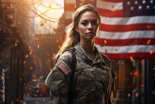 A photorealistic image of a female American soldier on duty during Veterans Memorial Day.