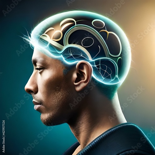 A human brain fill with technology.  Visualize the intricate connection between the human brain and technology. Highlight the neural pathways intertwined with digital circuits and components.