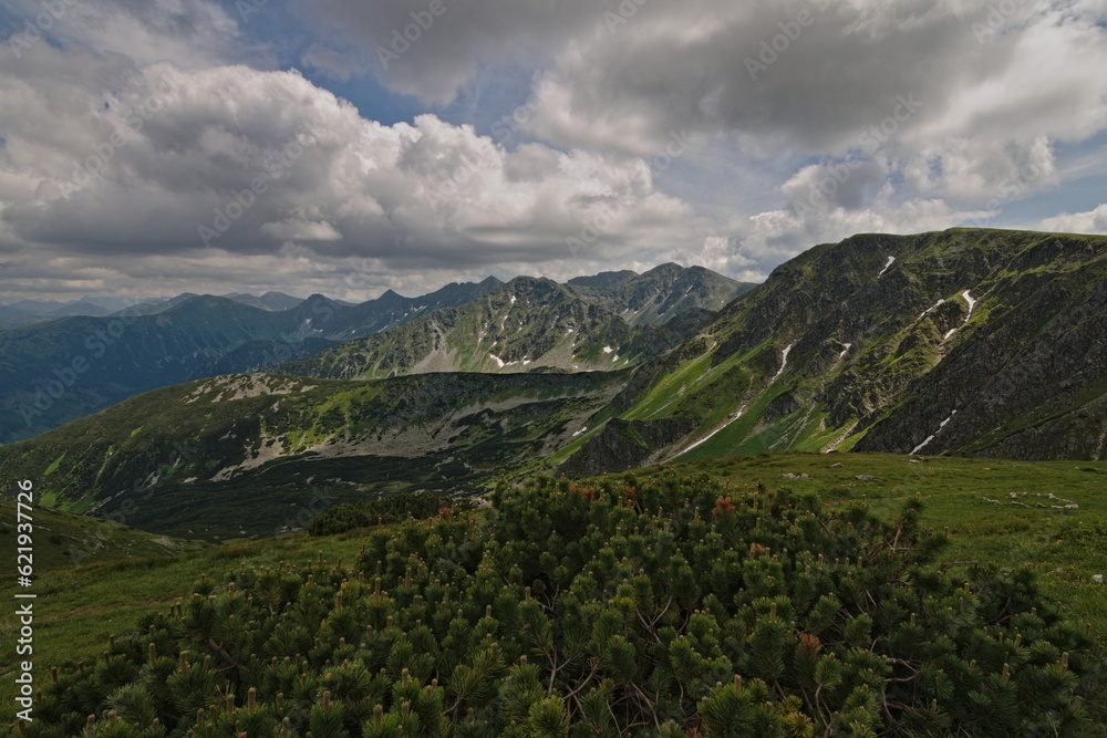 Fototapeta premium View to surrounding high mountains peaks from Brestová mountain near to Town Zuberec. Rohace, Tatra high mountains, Slovakia.