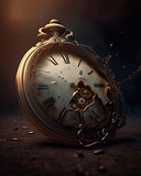 Generated image of a vintage clock with a torn dial and gears in a hole