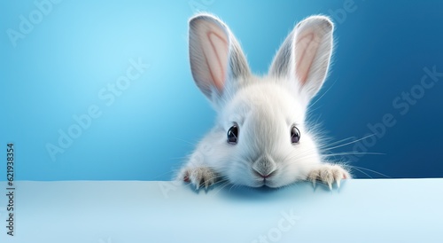 muzzle of a white rabbit on a pastel background. Easter.
