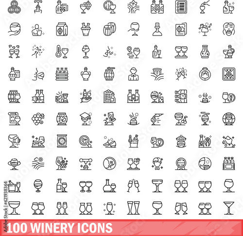 100 winery icons set. Outline illustration of 100 winery icons vector set isolated on white background
