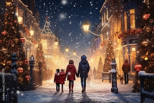 Children walk on a face decorated for Christmas in a small European town. Back view. Image created by AI.