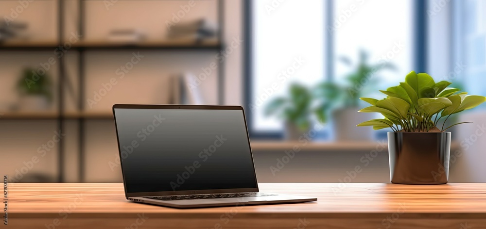 Professional workspace with laptop, desk, and shelves in home office interior design blur background Professional workspace with laptop, desk, and shelves in home office interior design blur background
