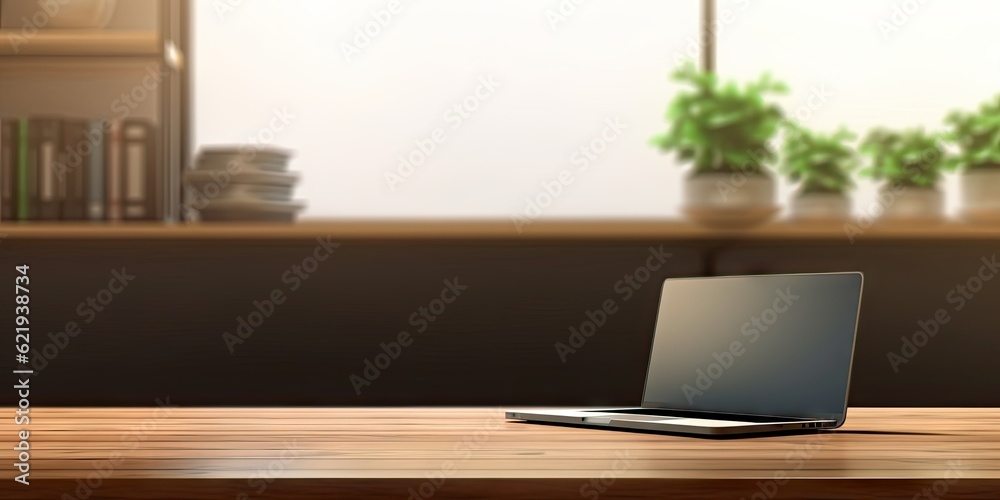 Professional workspace with laptop, desk, and shelves in home office interior design blur background Professional workspace with laptop, desk, and shelves in home office interior design blur background