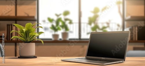 Professional workspace with laptop, desk, and shelves in home office interior design blur background © Thares2020