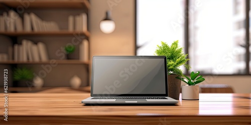 Professional workspace with laptop, desk, and shelves in home office interior design blur background © Thares2020