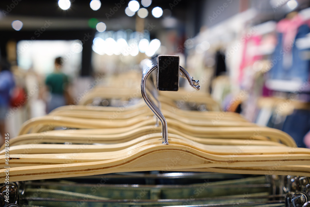 Hangers in the store, close-up selective focus. Hangers in the store, close-up selective focus.