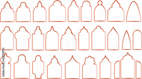 copper pink gold Islamic turkish door and window silhouette, Arabic arch and frames vector set