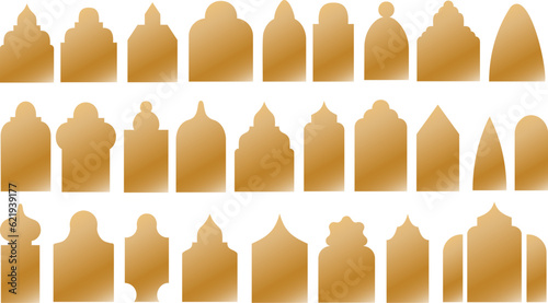gold Islamic door and window silhouette, Arabic arch and frames vector set