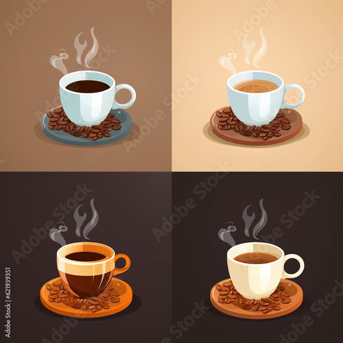 Set of coffee cups. Coffee menu. Steaming coffee drinks colorful illustration. Cover design  menu  kitchen wallpaper  textiles  tiles. AI generated