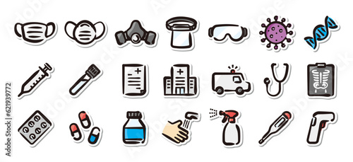 Illustrated sticker set of infectious disease and medical.Quick and simple to use.