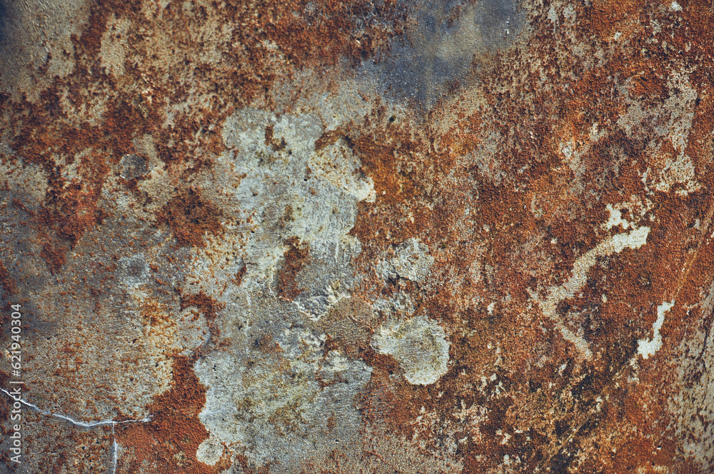 Grey, Abstract background of the shabby concrete wall surface with bright red yellow paint and mossy weathered parts Grey, Abstract background of the shabby concrete wall surface with bright red yellow paint and mossy weathered parts