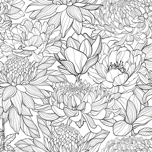 Fototapeta Naklejka Na Ścianę i Meble -  Pattern with Peony, chrysantea, magnolia, ginger