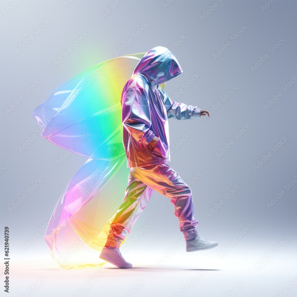a person doing actions, 3D, science fiction, , rainbow color