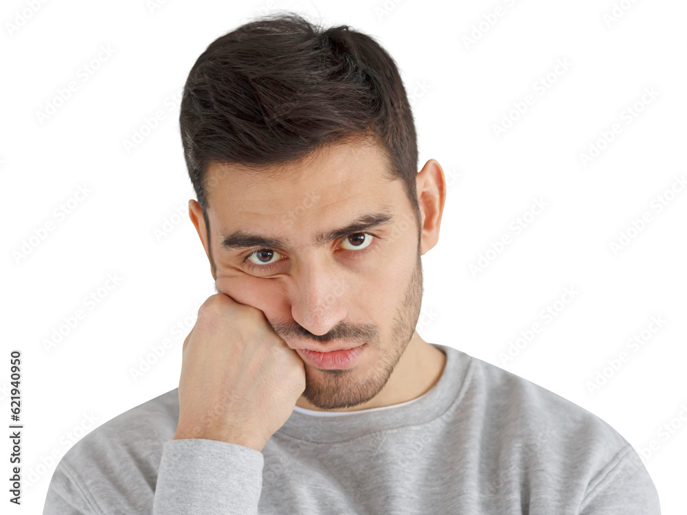 Close-up photo of young handsome man pressing hand to chin, looking bored, exhausted and disappointed, feeling upset facing problems Close-up photo of young handsome man pressing hand to chin, looking bored, exhausted and disappointed, feeling upset facing problems