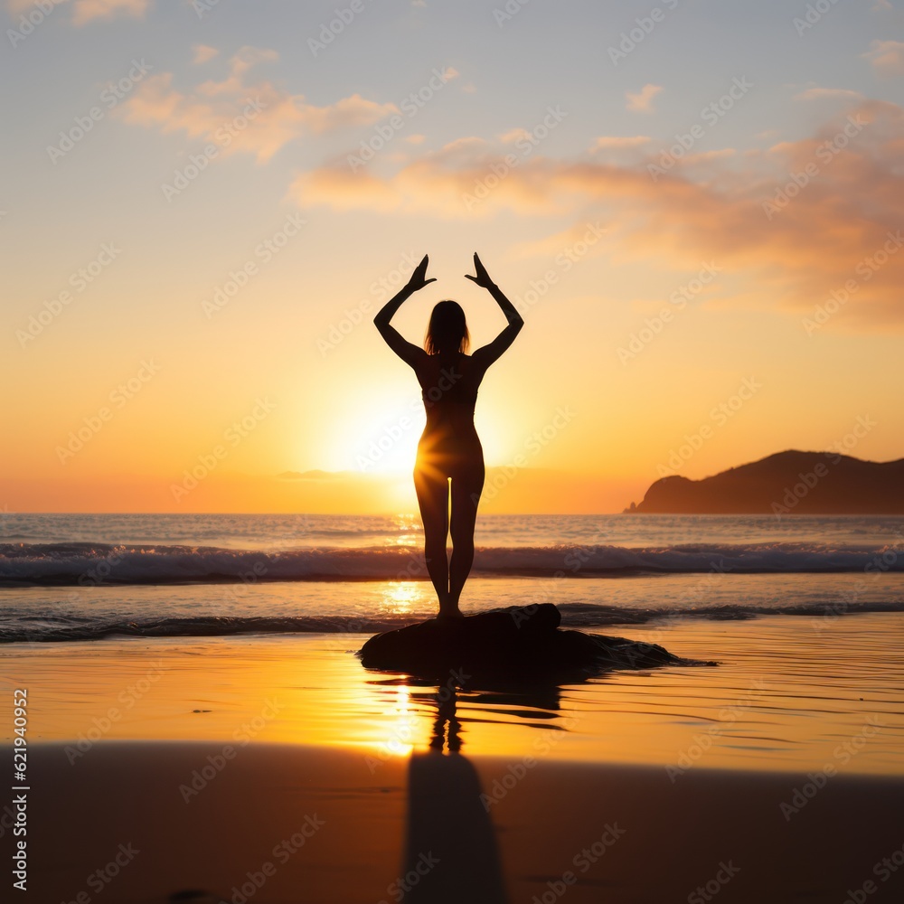  A picture of a woman practicing yoga on the beach at sunrise