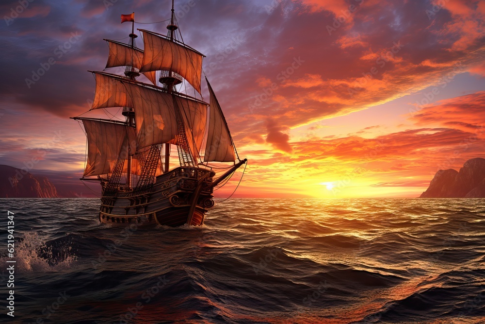 Small sailing ship in the open sea at sunset. Navigation in the 17th century.