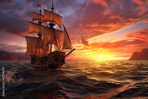 Small sailing ship in the open sea at sunset. Navigation in the 17th century. © Stavros