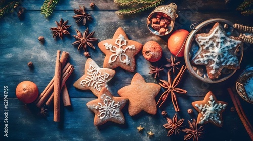 Foto Directly above shot of decorated gingerbread cookies with spices on table