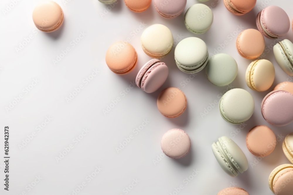 Abstract pastel macarons cookies on white background, copy space, top view. AI generated Abstract pastel macarons cookies on white background, copy space, top view. AI generated