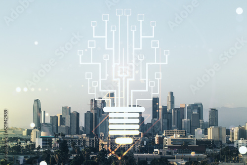 Virtual creative light bulb illustration with microcircuit on Los Angeles cityscape background  future technology concept. Multiexposure