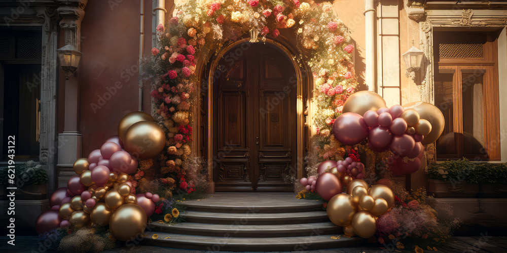 Arch of balloons with flowers.Decorated entrance door Exterior facade of building with front door.Grand Opening,solemn event.Holidays event, wedding ceremony,celebration,anniversary.Generative ai