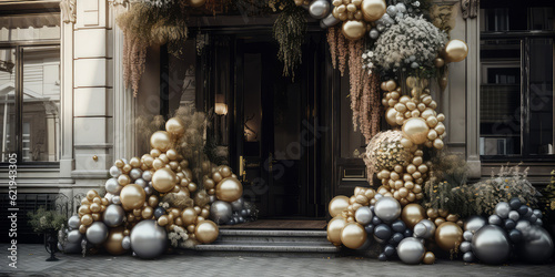 Arch of balloons with flowers.Decorated entrance door Exterior facade of building with front door.Grand Opening,solemn event.Holidays event, wedding ceremony,celebration,anniversary.Generative ai © Inai