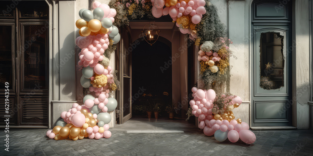 Arch of balloons with flowers.Decorated entrance door Exterior facade of building with front door.Grand Opening,solemn event.Holidays event, wedding ceremony,celebration,anniversary.Generative ai