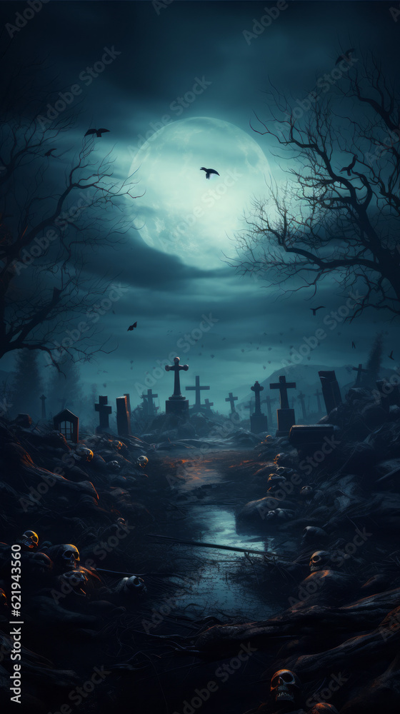 Halloween cemetery night scene. Generative ai