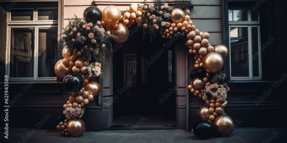 Arch of balloons with flowers.Decorated entrance door Exterior facade of building with front door.Grand Opening,solemn event.Holidays event, wedding ceremony,celebration,anniversary.Generative ai