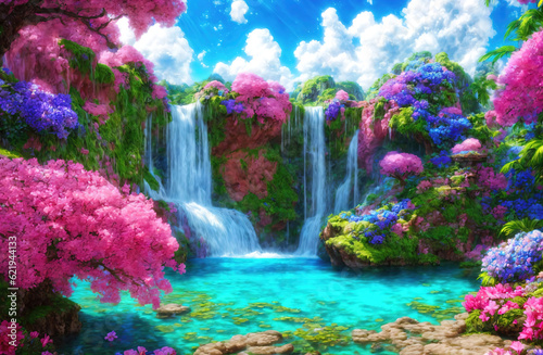 Paradise land with beautiful  gardens  waterfalls and flowers  magical idyllic background with many flowers in eden.