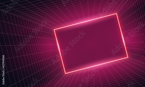 Empty futuristic digital box room vibrant color background with white grid space line color surface. Network cyber technology. banner, cover, terrain, sci-fi, wireframe, and related to background.