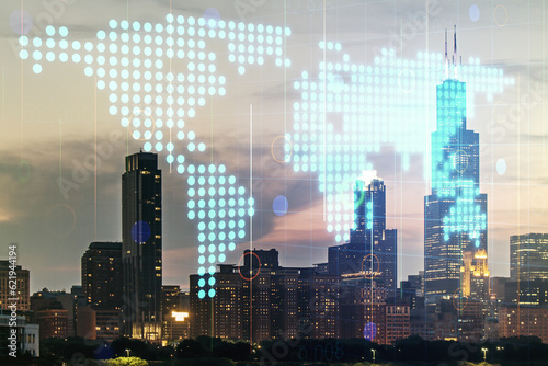 Abstract creative digital world map on Chicago cityscape background  globalization concept. Multiexposure