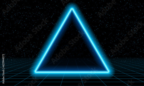 Synthwave wireframe net illustration. Abstract digital background. 80s, 90s Retro futurism, Retro wave cyber grid with glowing triangles. Deep space surfaces. Neon lights glowing. Starry background. V