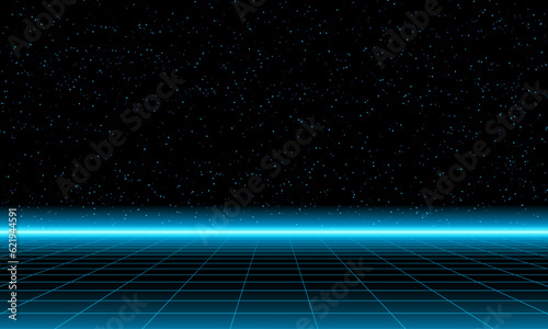 Synthwave wireframe net illustration. Abstract digital background. 80s, 90s Retro futurism, Retro wave cyber grid. Deep space surfaces. Neon lights glowing. Starry background. Vector 3D Rendering