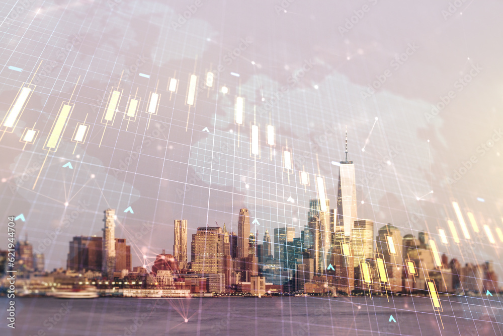 Double exposure of abstract creative financial diagram and world map on New York city office buildings background, banking and accounting concept Double exposure of abstract creative financial diagram and world map on New York city office buildings background, banking and accounting concept