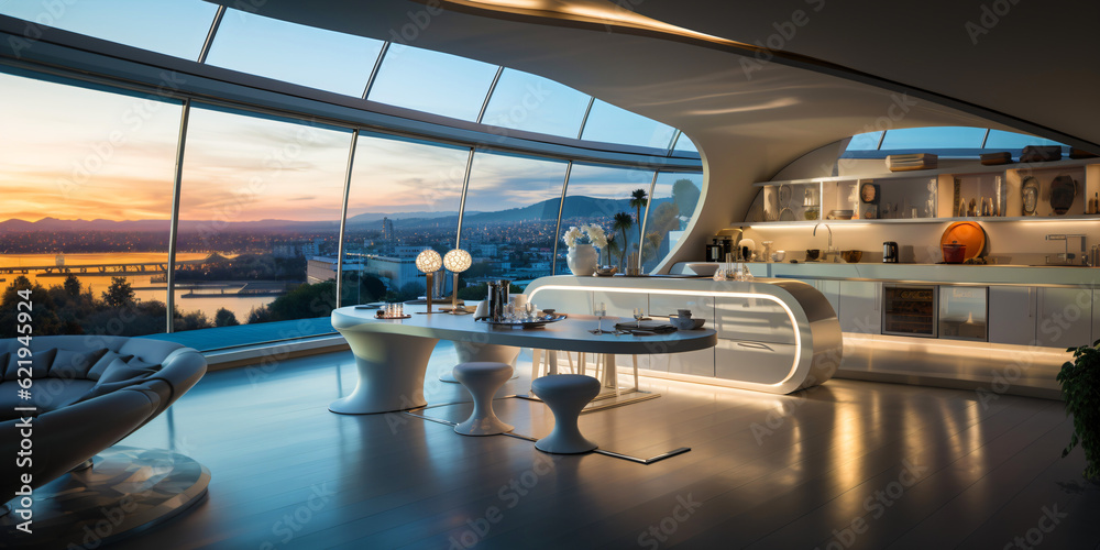 Obraz premium futuristic organic architecture design, luxury and modern kitchen with ocean view, fictional architecture created with generative ai