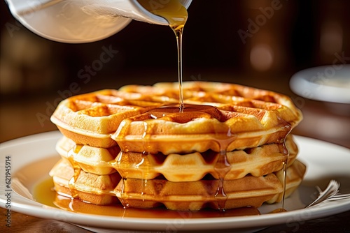 A close-up of a waffle being drizzled with warm maple syrup, capture the delicious syrup cascading over the crispy surface. Generative AI